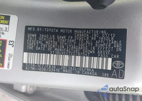 2012 Toyota Corolla Le z USA, uszkodzony, nr VIN 2T1BU4EE7CC787547